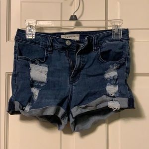 Distressed dark denim shorts
